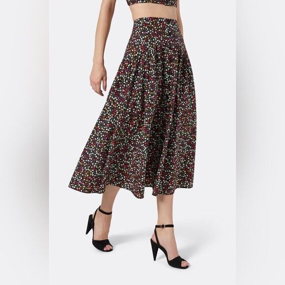 JOIE Button Front Black Floral Print Cotton Midi Skirt Fit & Flare Size 14 New - Picture 3 of 12